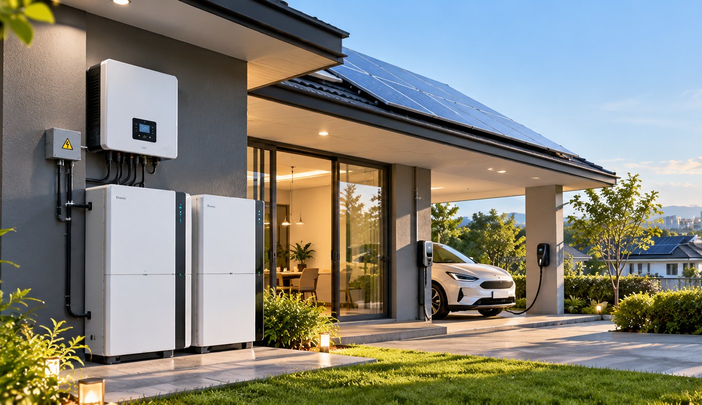 Modern home with solar panels, a home battery system and an electric car